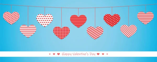 Hanging red hearts with different pattern on blue background for — Stock Vector