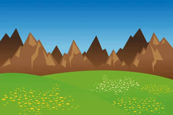 Cordillera amplia pradera verde con flores — Vector de stock