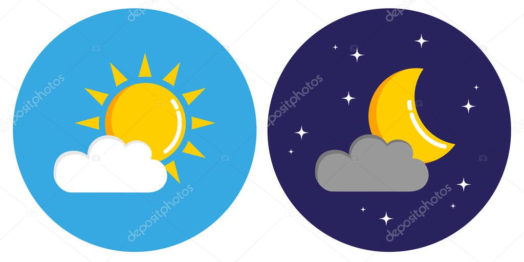 sun and moon with clouds in circle day and night concept