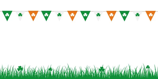 Party flags with clover leaves on white background with meadow — Stock Vector