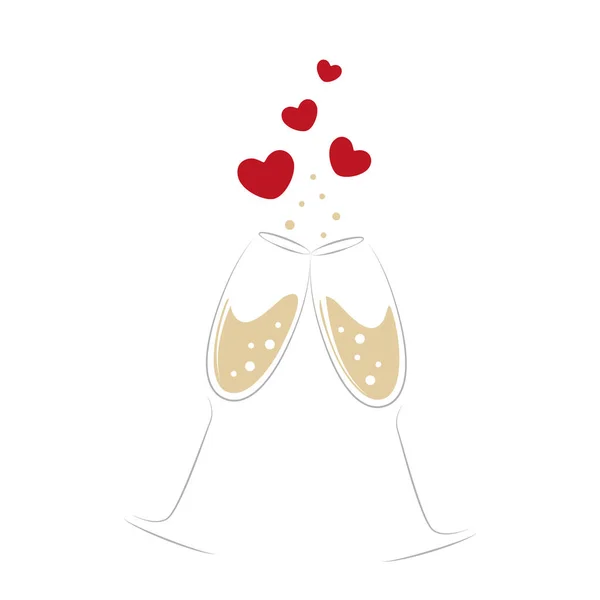 Bicchieri di champagne con cuori per matrimonio e San Valentino — Vettoriale Stock