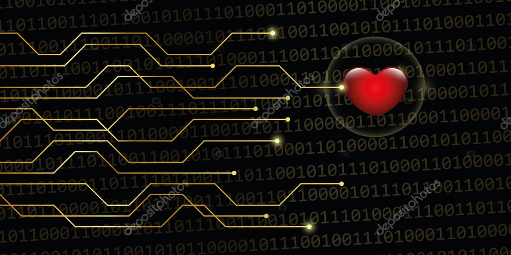 Digital heart on golden binary code background online dating concept vector illustration EPS10
