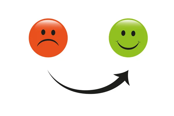 Smiley faces red and green arrow sad to happy icon — Stock Vector