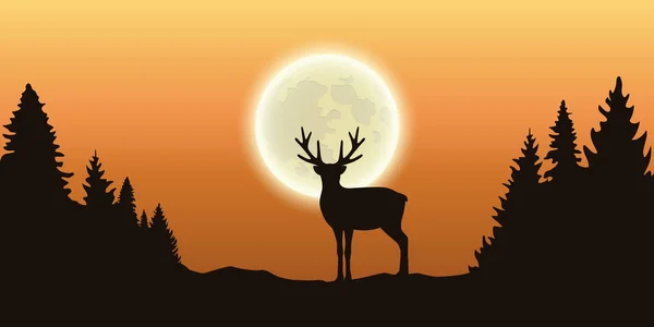 孤独的驯鹿在森林在满月和橙色的天空 — 图库矢量图片