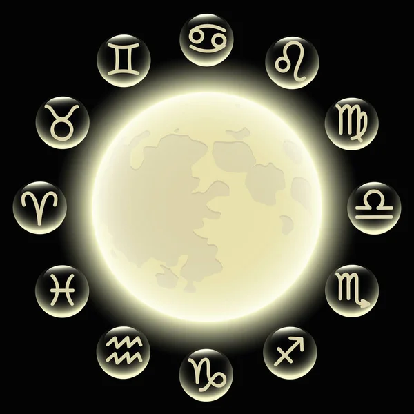 Símbolos del zodíaco en círculo en la luna llena — Vector de stock