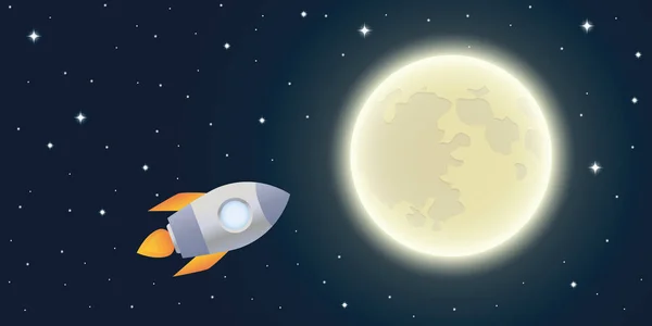 Rocket is flying to the moon starry sky — Stock Vector