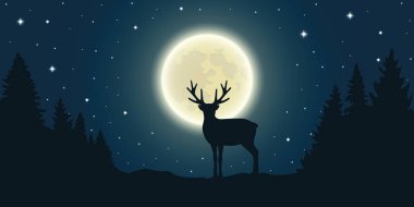lonely reindeer in forest at full moon and starry sky