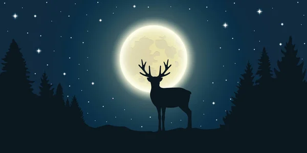 Renne solitarie nella foresta alla luna piena e cielo stellato — Vettoriale Stock