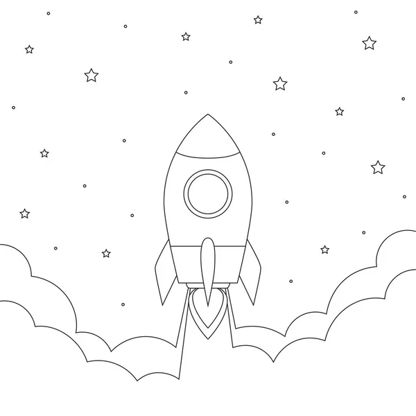 Lancement de fusée dans l'espace avec la fumée et le design des étoiles pour le livre de coloriage — Image vectorielle
