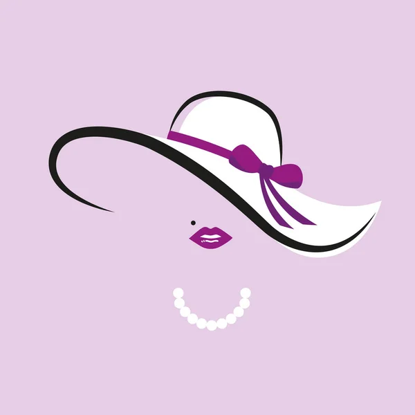 Señora con sombrero elegante con arco púrpura y collar de perlas — Vector de stock