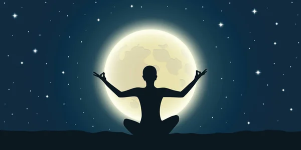 Vreedzame meditatie bij volle maan en sterrenhemel — Stockvector