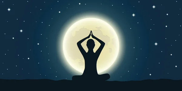 Meditación pacífica en luna llena y cielo estrellado — Vector de stock