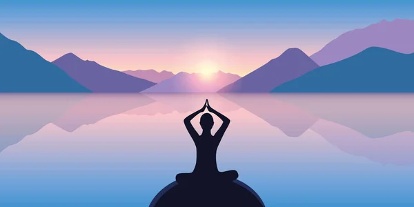Persona en meditación posar en un mar tranquilo con una hermosa vista a la montaña — Vector de stock