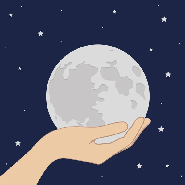 Hand hold full moon by starry sky — Stock Vector