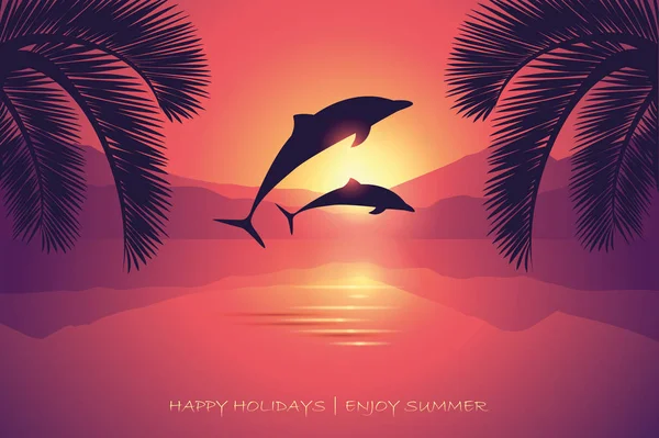 Vacaciones de verano postal puesta de sol delfines de mar y palma — Vector de stock