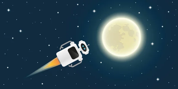 Cute robot is flying to the full moon in space — Stock Vector