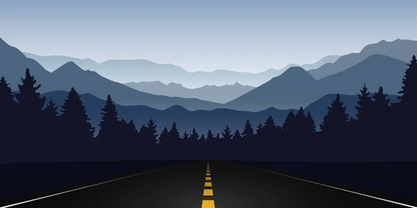 Route droite en forêt et paysage de montagne à l'aube — Image vectorielle