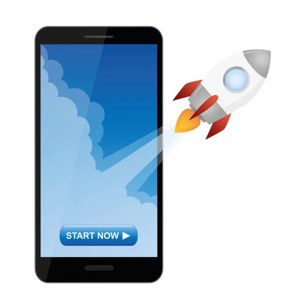 Rakete fliegt aus dem Smartphone-Startup-Konzept — Stockvektor