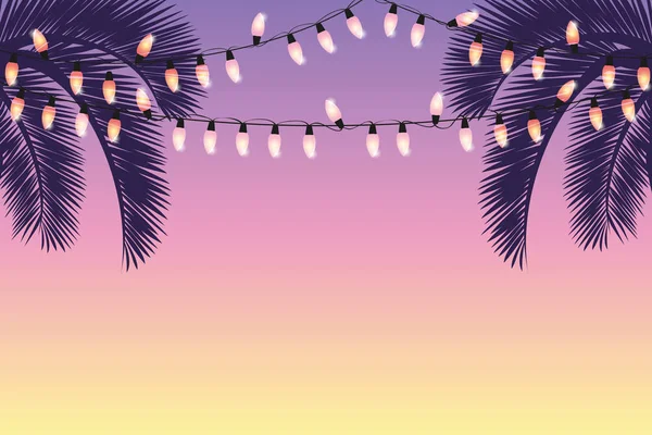 Letní pozadí s palmami a světýlka — Stockový vektor