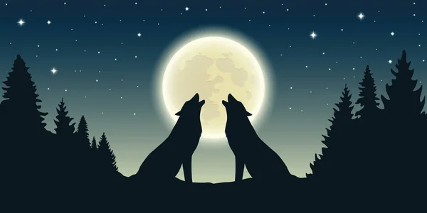 Two wolves howl at the full moon in forest landscape — Stock Vector