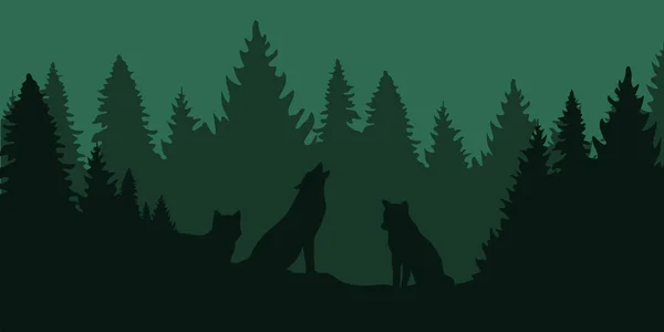 Manada de lobos en el bosque verde oscuro — Vector de stock