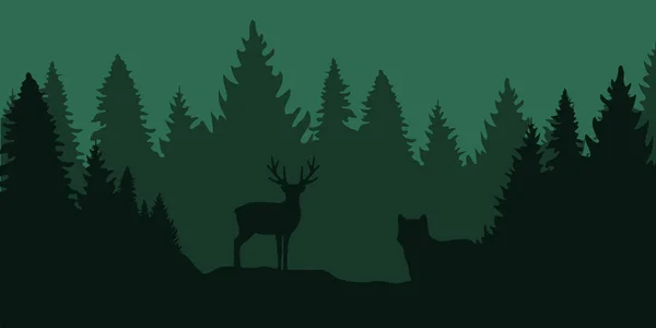 Lobo está mirando ciervos en el bosque por la noche — Vector de stock