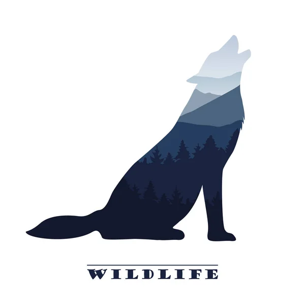 Silueta de lobo vida silvestre bosque paisaje — Vector de stock