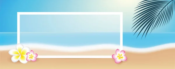Hermosa playa con flores tropicales frangipani y borde blanco — Archivo Imágenes Vectoriales