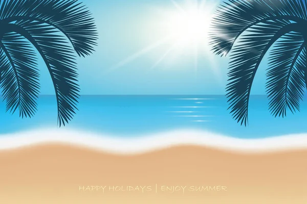 Sommerurlaub Postkarte Palmen am Paradiesstrand — Stockvektor