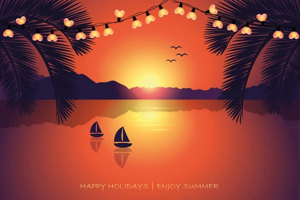 Feliz verano vacaciones postal puesta del sol paraíso playa — Vector de stock