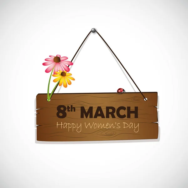 Marcha 8 sinal de madeira do dia internacional das mulheres com flores e joaninha — Vetor de Stock