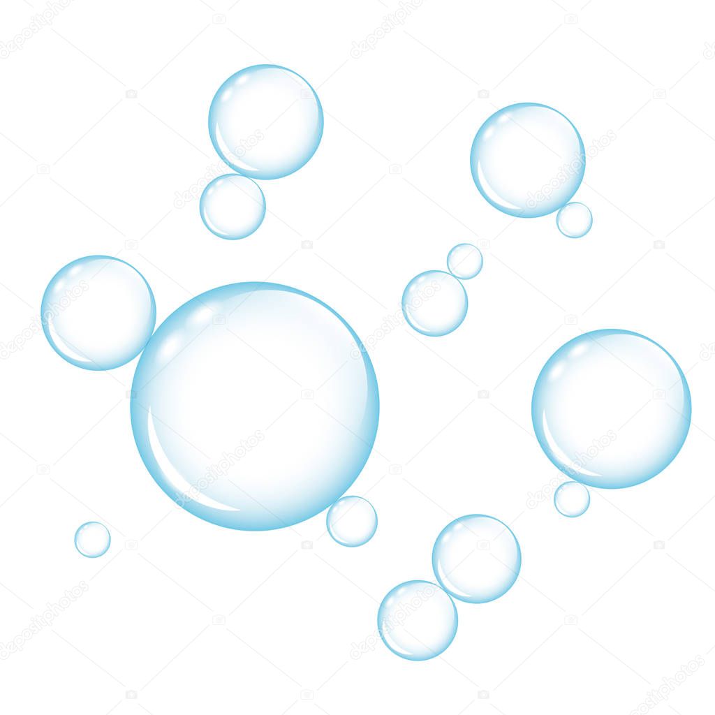 blue transparency soap bubbles on white background