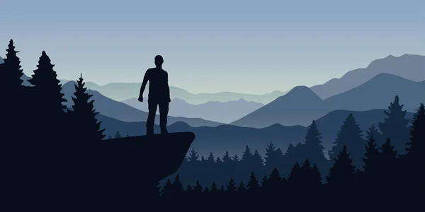 Man stands on a cliff in the forest with mountain view nature landscape — Stock Vector