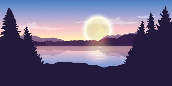 Πανέμορφη λίμνη τη νύχτα με πανσέληνο μοβ τοπίο — Διανυσματικό Αρχείο