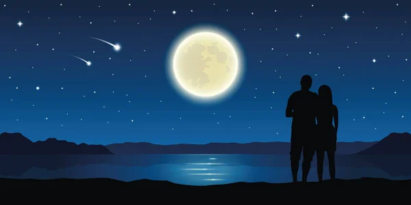 Couple amoureux au bord du lac avec pleine lune et étoiles tombantes — Image vectorielle