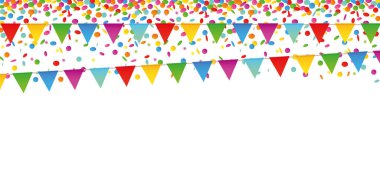 colorful confetti rain and party flags on white background clipart