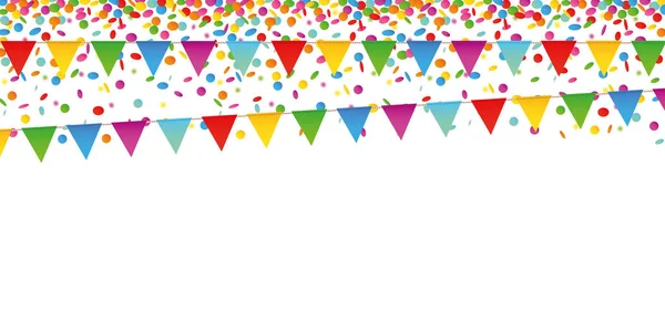 Colorful confetti rain and party flags on white background — Stock Vector