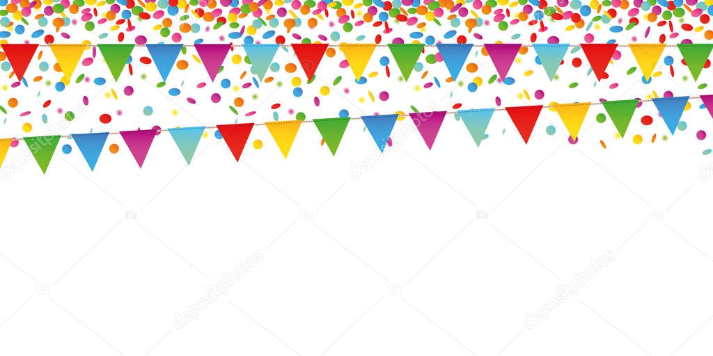 colorful confetti rain and party flags on white background