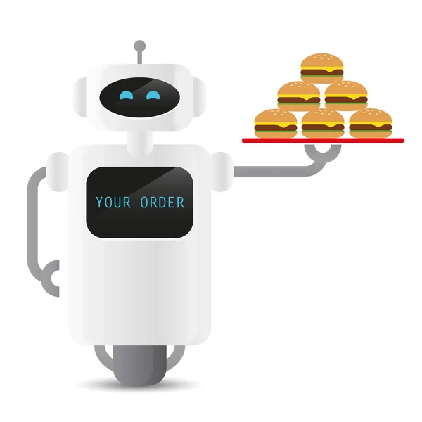 Netter, arbeitender Serviceroboter mit Tablet und Burger — Stockvektor