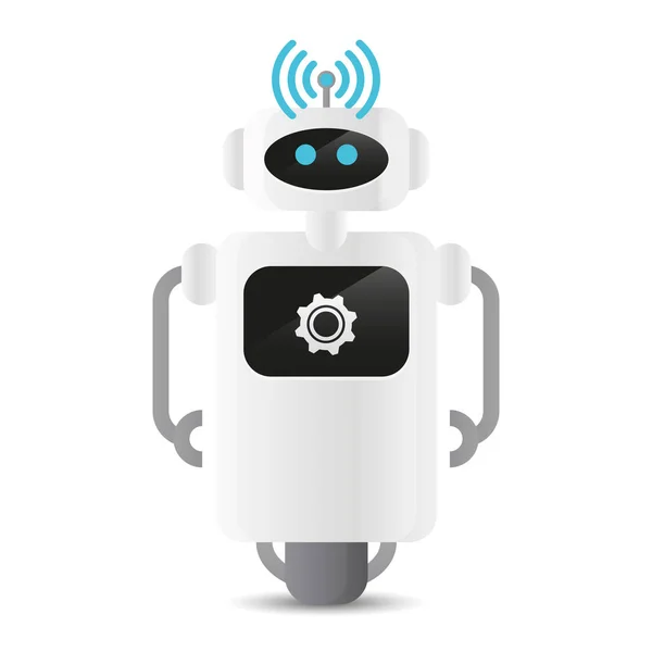 Cute robot in working process with wifi symbol and gear — Stock Vector