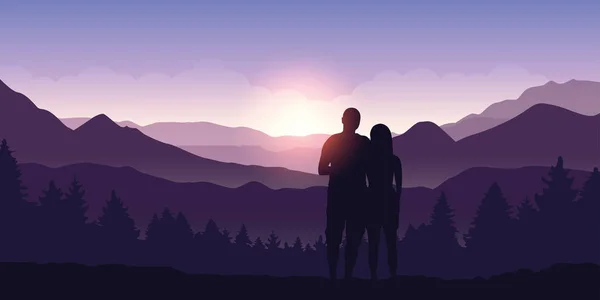 Ζευγάρι να απολαύσει το βουνό τοπίο στο sunrise — Διανυσματικό Αρχείο