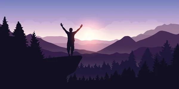 Happy man with arms raised stands on top of a cliff in mountain landscape at sunrise — Stock Vector