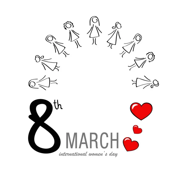 Día Internacional de la Mujer 8 de marzo grupo de mujeres y corazones rojos — Vector de stock
