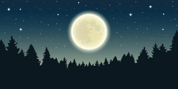 Ciel étoilé avec pleine lune dans le paysage forestier — Image vectorielle