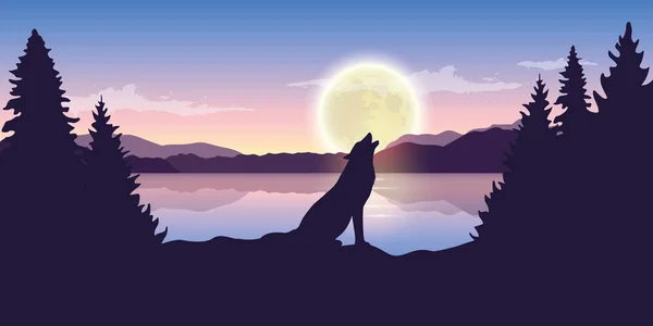 Uivos lobo em lua cheia roxo natureza paisagem com grande lago — Vetor de Stock