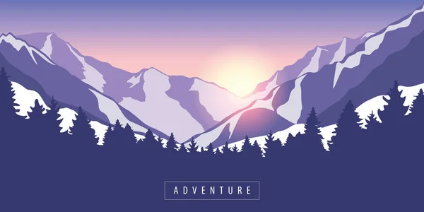 Aventura en la montaña nevada al amanecer — Vector de stock