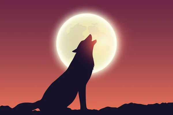 Wolf Howls Full Moon Silhouette Vector Illustration Eps10 — Stock Vector