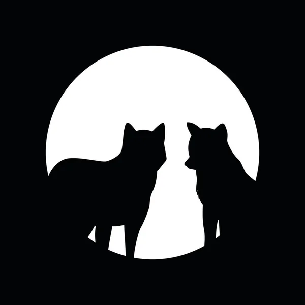 Two wolves and full moon silhouette — Stock Vector