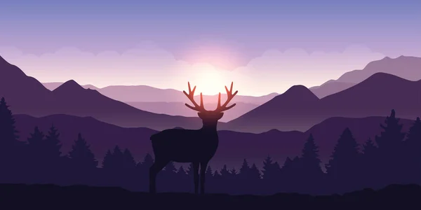 Cerf solitaire dans les montagnes au lever du soleil avec fond de forêt — Image vectorielle