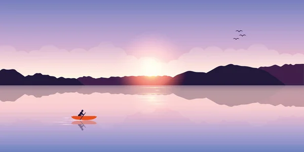 Aventura de piragüismo solitario con barco naranja al amanecer en el lago — Archivo Imágenes Vectoriales